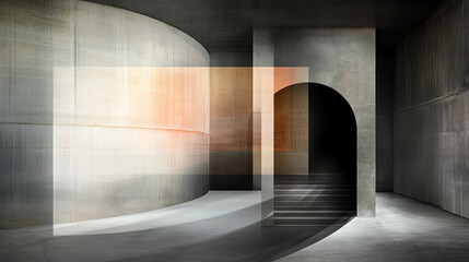 Poster - A modern, abstract architectural space with textured surfaces, curved walls, and gradient light creating a unique atmosphere.