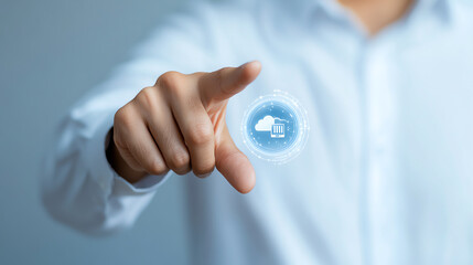Aufkleber - A person interacts with a digital cloud interface, showcasing modern technology and innovation in the digital age.