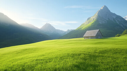 Poster - A serene landscape featuring lush green fields and majestic mountains under a clear blue sky, perfect for nature lovers and tranquility seekers.