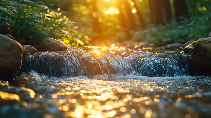 Aufkleber - A serene river flowing through a lush forest, illuminated by the golden sunlight filtering through the trees, creating a tranquil atmosphere.