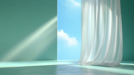 Poster - A serene scene with soft curtains gently moved by a breeze, revealing a bright sky and creating a tranquil atmosphere.