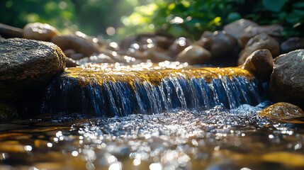 Aufkleber - A serene stream cascades over smooth stones, reflecting sunlight and surrounded by lush greenery, perfect for nature lovers.