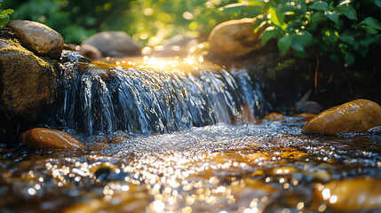 Aufkleber - A serene stream flows gently over smooth stones, reflecting sunlight and surrounded by lush greenery.