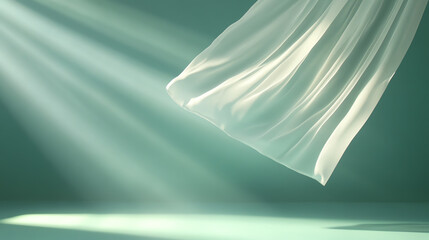 Poster - A soft, flowing fabric drapes elegantly in gentle light, creating a serene and tranquil atmosphere in a minimalist space.