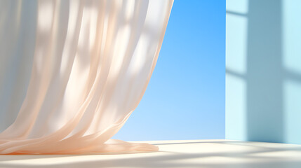 Aufkleber - A soft, flowing curtain gently sways in the breeze, illuminated by natural light with a serene blue sky in the background.