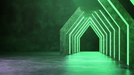 Aufkleber - A visually striking green neon archway in a dark environment, perfect for futuristic or abstract themes.