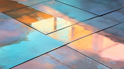 Poster - Abstract reflection on tiled surface showcasing vibrant colors and intricate patterns created by light and water.