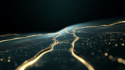 Poster - Abstract representation of digital connectivity with flowing golden lines and particles against a dark background.