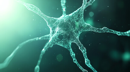 Poster - An intricate close-up of a neuron illustrating its structure and connections in a vibrant, glowing environment.
