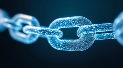Poster - Close-up view of a digital chain link representing connectivity, security, and blockchain technology in a futuristic setting.