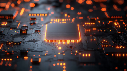 Poster - Close-up view of a vibrant circuit board illuminated with glowing orange lights, showcasing modern electronic components.