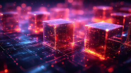 Poster - Futuristic digital blocks glowing with vibrant colors, representing modern technological advancements and data visualization.