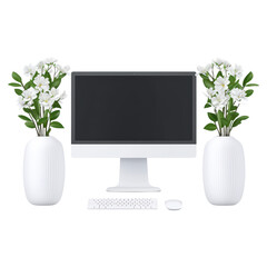 Poster - Modern Workspace Setup with Computer and Flowers in Stylish Vases, isolated on transparent background.