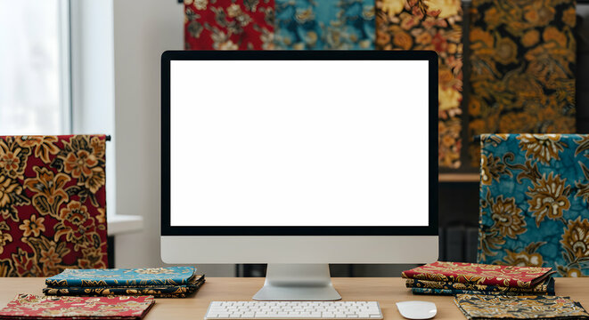 Blank Computer Screen Mockup in Creative Studio with Indonesian Batik Fabrics