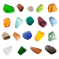 Poster - Colorful Collection of Sea Glass Stones in Various Shapes and Sizes, isolated on transparent background.