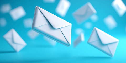 Poster - Falling white envelopes on a blue background, a 3D rendering illustration of the concept of e-mail creation and mail security