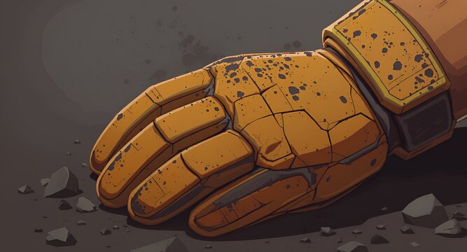 Pixel Art Illustration of a Worn Golden Yellow Glove Resting on a Gray Rocky Ground Full of Pebbles and Diffused Lighting Creating Textured Digital Artwork