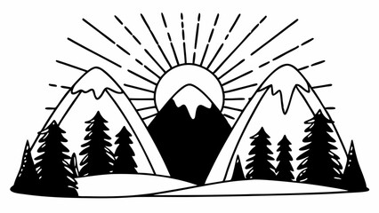 Poster - Black and white landscape featuring mountains trees and a radiating sun in a minimalist design style created with generated ai