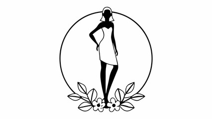 Poster - Silhouette of a woman in a dress inside a circle with floral decorations at the bottom of the frame created with generated ai