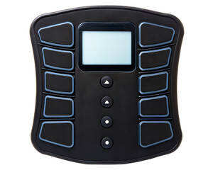 black electronic control panel with digital screen on a transparent background