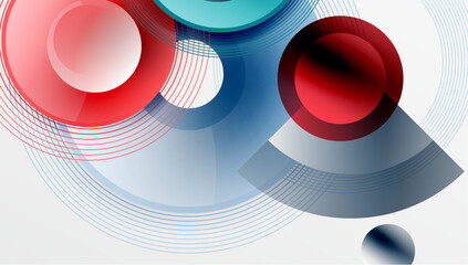 Poster - Abstract composition. Red, blue, turquoise elements overlap. Lines create dynamic visual effect. Minimalist design, modern aesthetic.