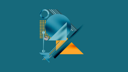 Poster - Abstract geometric composition. Shapes overlap, creating dynamic visual interest. Blue, orange hues dominate design. Minimalist style.