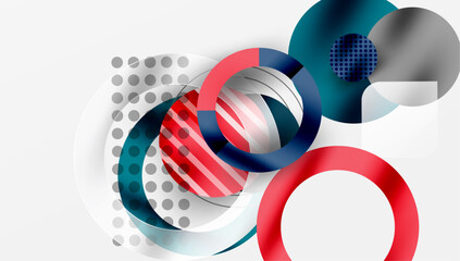 Poster - Abstract design features overlapping circles, stripes, dots. Modern composition utilizes red, gray, teal hues. Minimalist aesthetic.