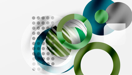Poster - Abstract design features overlapping circles, stripes, dots. Modern composition uses green, gray, teal hues. Clean, minimalist aesthetic.