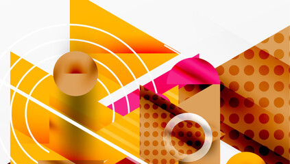 Poster - Abstract geometric composition. Orange, brown, pink shapes overlap. Circles, lines create dynamic visual effect. Modern design elements present.