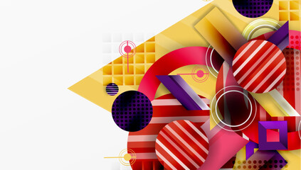 Aufkleber - Abstract geometric composition. Circles, squares, stripes create dynamic visual effect. Yellow, red, purple dominate palette. Modern design.