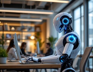 Poster - Innovative robot assisting employees in modern office environment technology and business integration futuristic workspace engaging workspace view