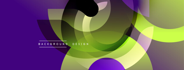 Poster - Abstract design features overlapping circles, gradients. Purple, yellow, green hues create dynamic visual effect. Modern background texture.