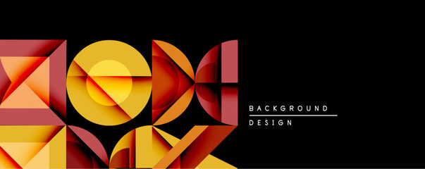 Aufkleber - Abstract geometric composition. Overlapping shapes create dynamic visual effect. Warm color palette dominates against dark background. Modern design element.