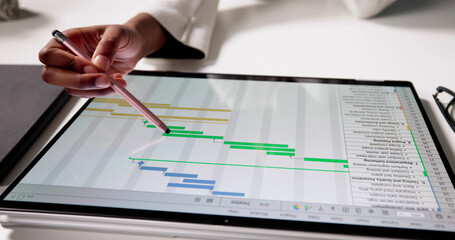 Poster - Businesswoman Analyzing Data Chart On Laptop