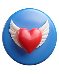 Aufkleber - A charming 3d illustration showing a vibrant red heart with white wings against a blue circular background representing love.