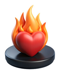 Poster - A vibrant 3d rendered heart enveloped in flames symbolizes burning passion on a black cylindrical platform.
