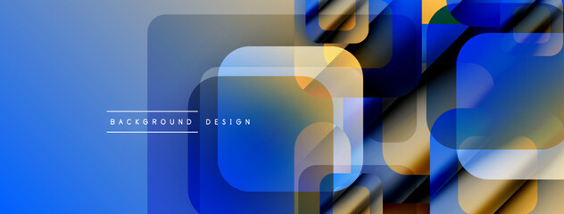 Poster - Abstract blue background features overlapping squares, rectangles. Gradient colors create modern, dynamic visual effect. Text reads background design.