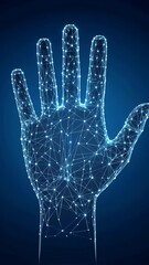 Poster - Abstract digital hand made of neon mesh network on dark blue background. Technological concept for digital healthcare, future interfaces, and advanced computing.