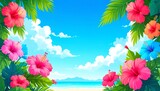 ハイビスカスと夏の南国ビーチのフレーム素材5 ハイビスカスと夏の南国ビーチのフレーム素材5