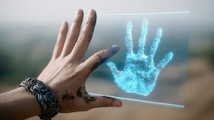 Poster - Digital Handprint: A dirty hand interacts with a futuristic, glowing digital handprint, representing themes of identity, technology, and connection in a visually striking image. 