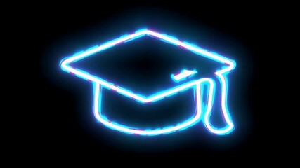 Wall Mural - Blue neon graduation cap icon glows against black background clean 4K animation perfect academic celebration videos education graphics