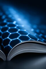 Wall Mural - open book with glowing hexagons, futuristic technology concept, innovation and digital learning imag