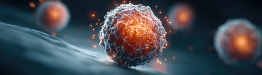 Poster - Radiotherapy process chemotherapy and radiation treatment concept. Microscopic view of cellular structures with vibrant details and colors.
