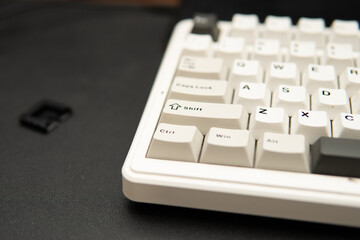 Fototapete - Photograph of white mechanical keyboard detail for tech content product photography close-up office or gaming aesthetic and modern tech style