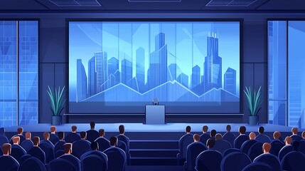 Poster - Conference Presentation with Cityscape Backdrop and Audience in Blue Tones