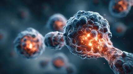 Poster - Radiotherapy process chemotherapy and radiation treatment concept. Detailed view of glowing cells in a biological environment.