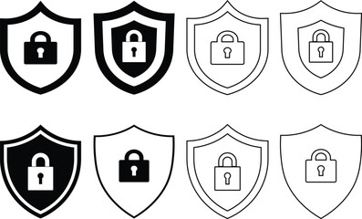 Poster - Eight stylized shields with padlocks representing security and protection concepts