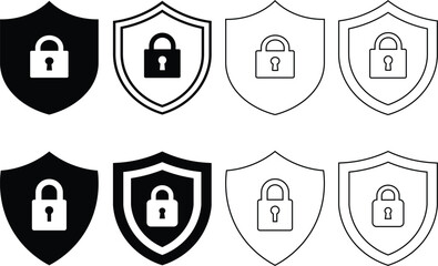 Fototapete - Shield icons representing security and protection with lock symbols in various design variations.