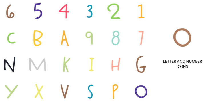 Letter and Number simple New concept 24 hand drawn color icons set .Vector illustration.