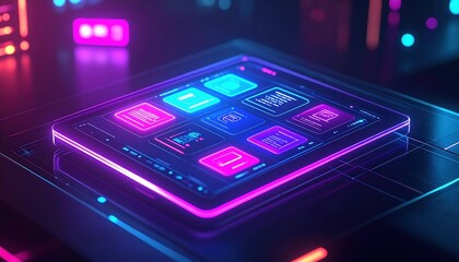 Poster - Futuristic digital music production interface with neon glowing control pads on transparent touchscreen in high-tech environment